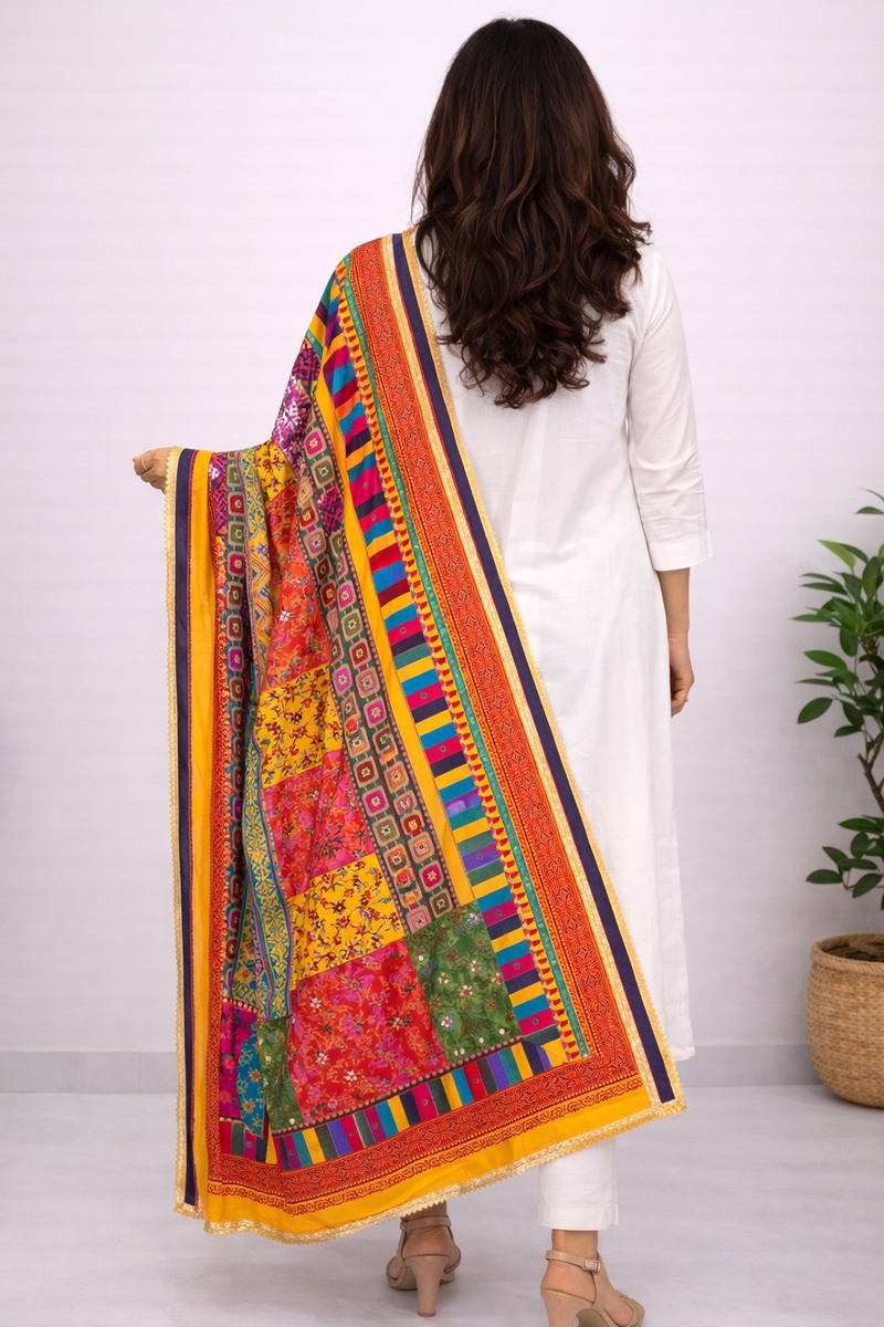 Multicolor Printed Ethnic Dupatta with Geometric, Floral & Patchwork Design DB3009