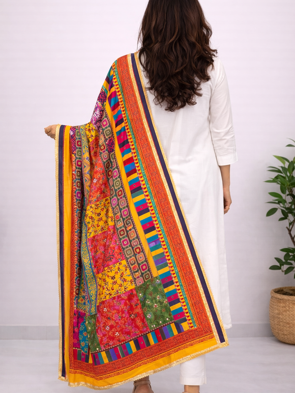 Multicolor Printed Ethnic Dupatta with Geometric, Floral & Patchwork Design DB3009