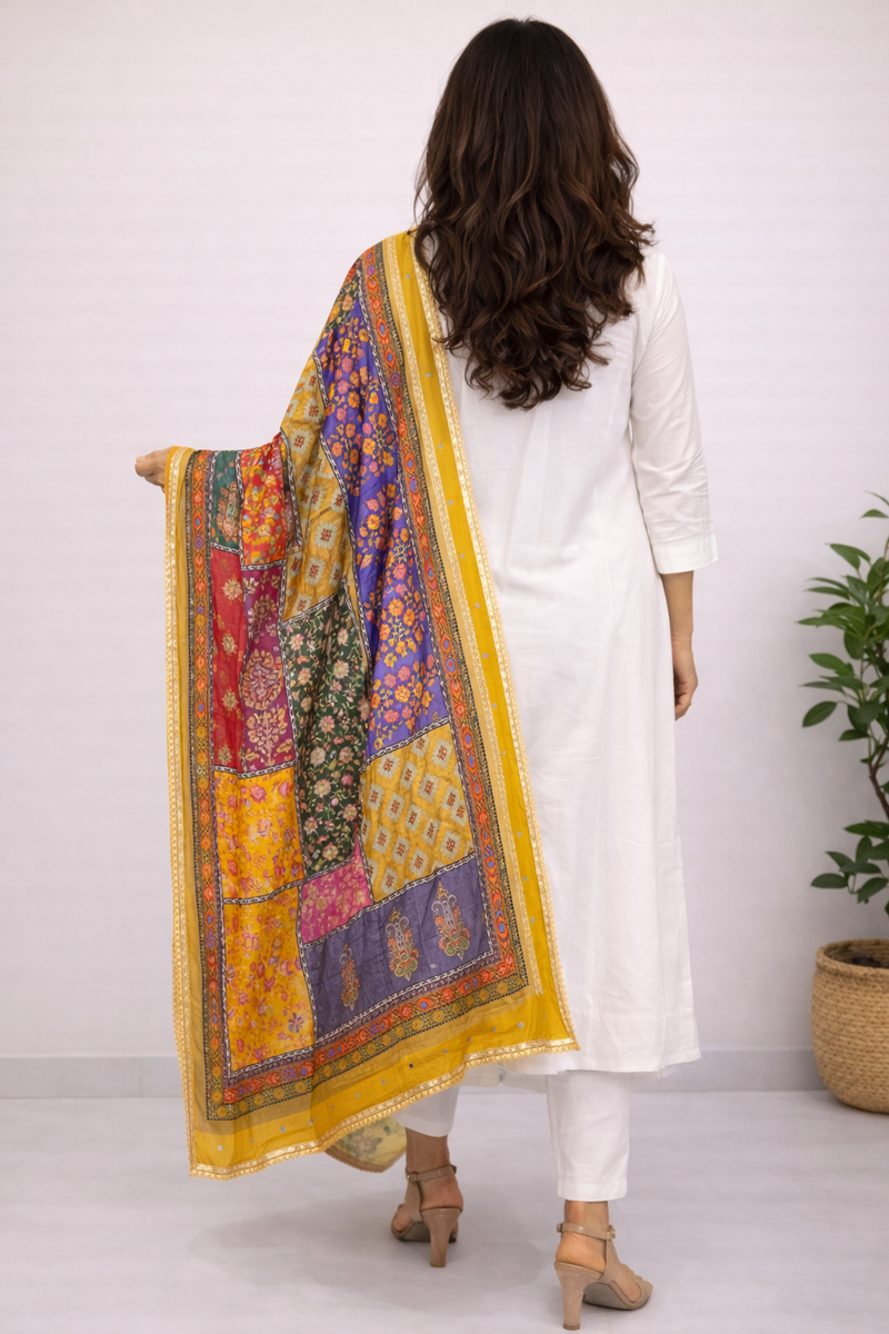 Mustard Multicolor Patchwork Printed Designer Dupatta DB3023