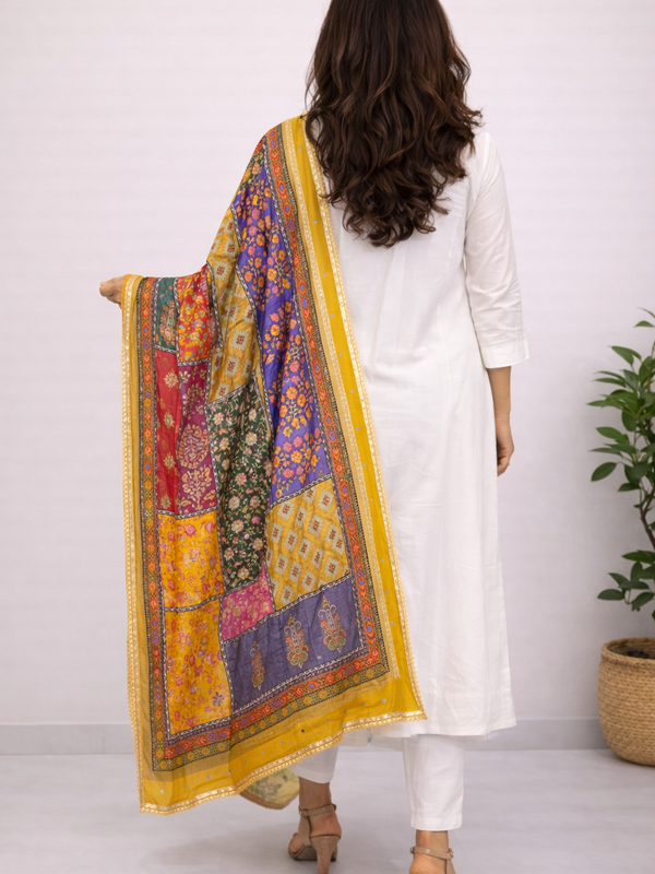 Mustard Multicolor Patchwork Printed Designer Dupatta DB3023