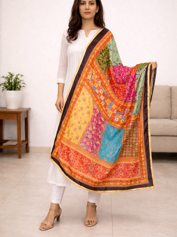 Multicolor Printed Patchwork Dupatta with Floral, Paisley & Geometric Ethnic Designs DB3010