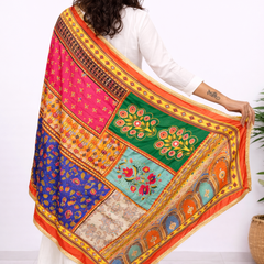 Multicolor Printed Patchwork Ethnic Dupatta with Floral & Geometric Border DB3006