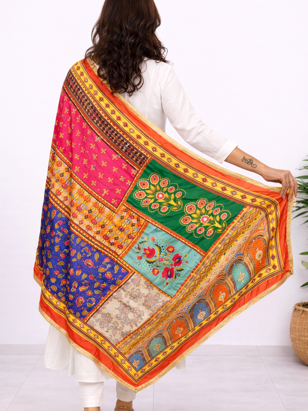 Multicolor Printed Patchwork Ethnic Dupatta with Floral & Geometric Border DB3006