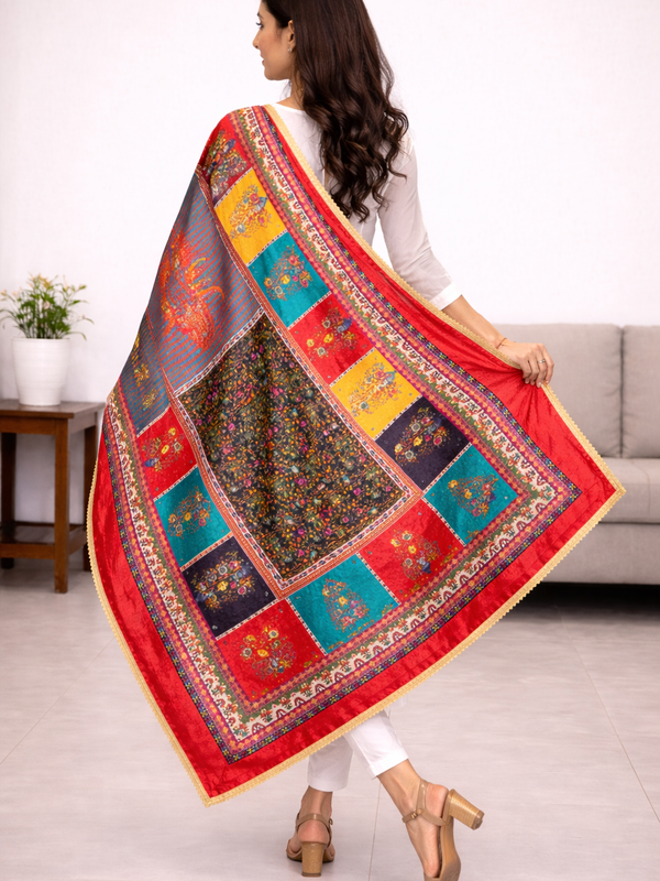 Multicolor Printed Patchwork Gaji Silk Dupatta with Floral & Paisley Design | Designer Ethnic Dupatta DB3002