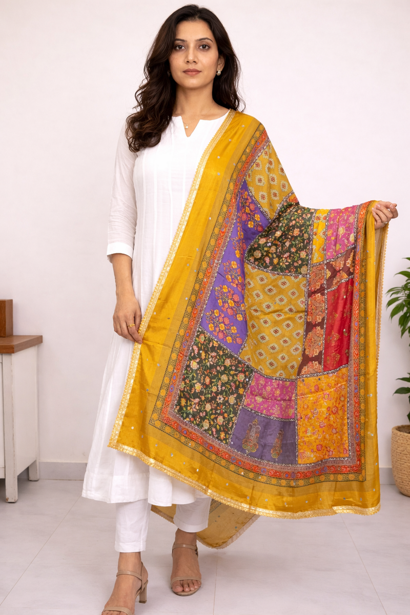 Mustard Multicolor Patchwork Printed Designer Dupatta DB3023