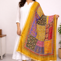 Mustard Multicolor Patchwork Printed Designer Dupatta DB3023