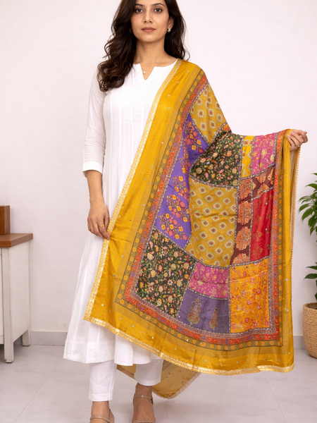 Mustard Multicolor Patchwork Printed Designer Dupatta DB3023