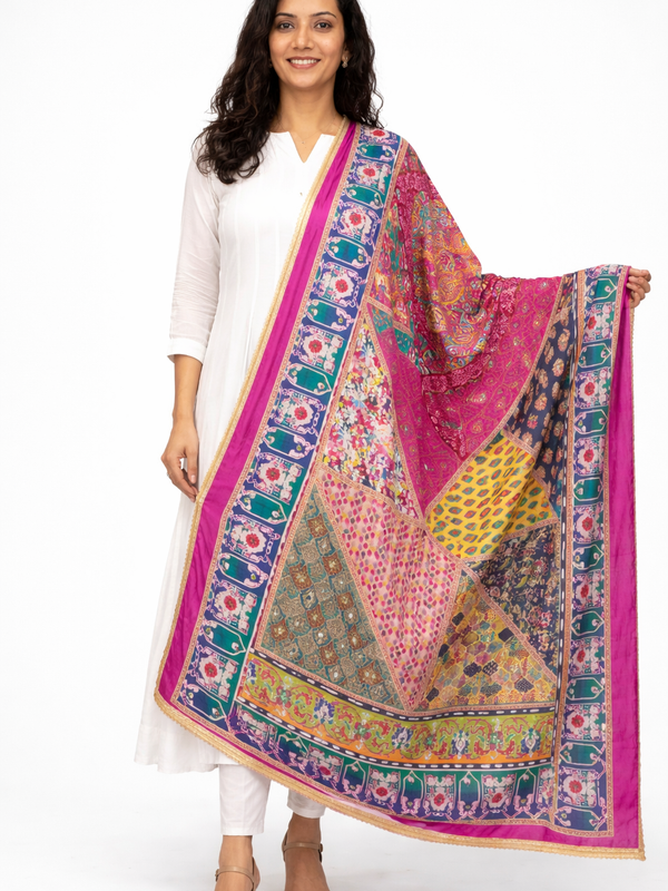 Multicolor Patchwork Paisley Print Designer Dupatta DB3019