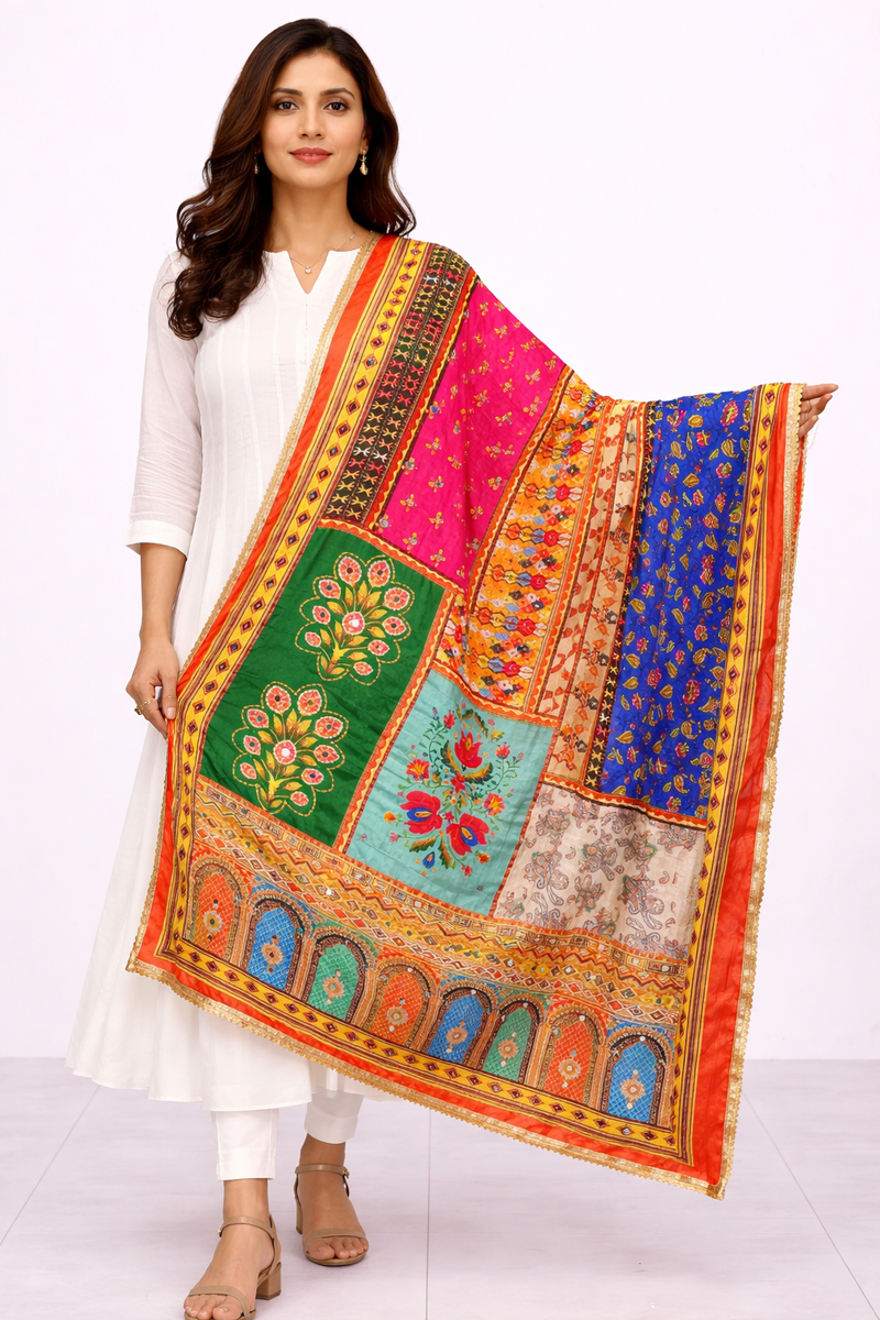 Multicolor Printed Patchwork Ethnic Dupatta with Floral & Geometric Border DB3006