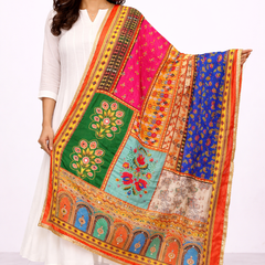 Multicolor Printed Patchwork Ethnic Dupatta with Floral & Geometric Border DB3006