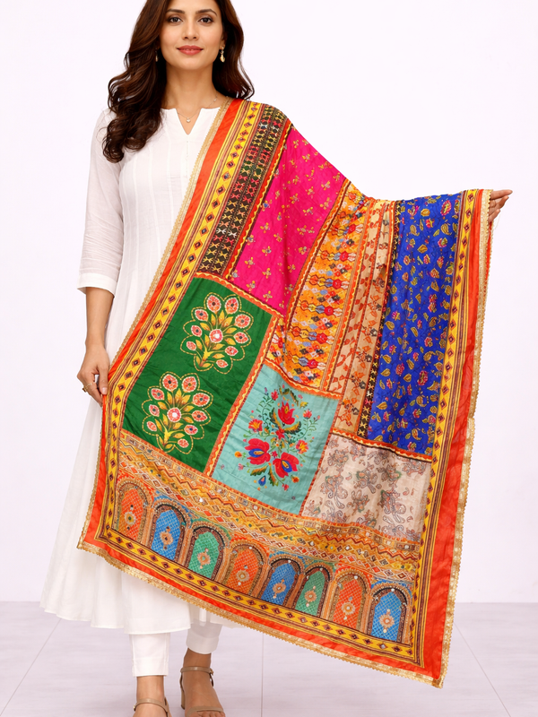Multicolor Printed Patchwork Ethnic Dupatta with Floral & Geometric Border DB3006