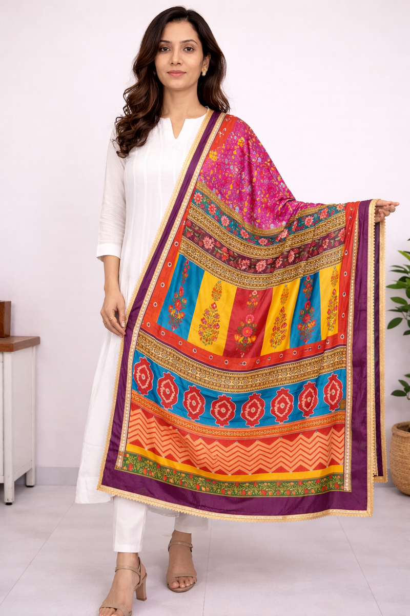 Multicolor Floral & Geometric Printed Designer Dupatta DB3022