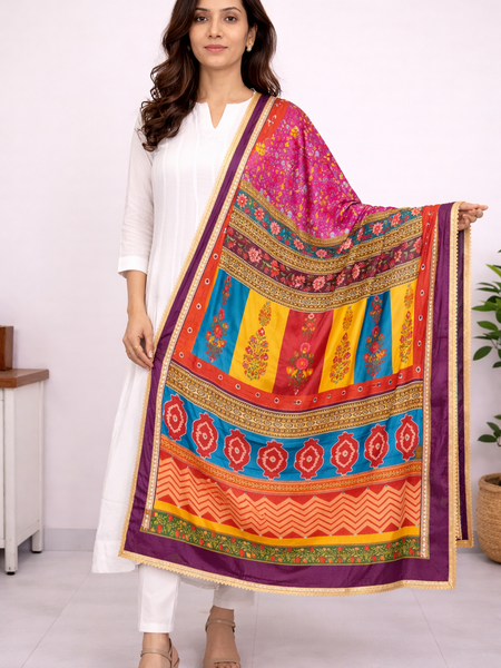 Multicolor Floral & Geometric Printed Designer Dupatta DB3022