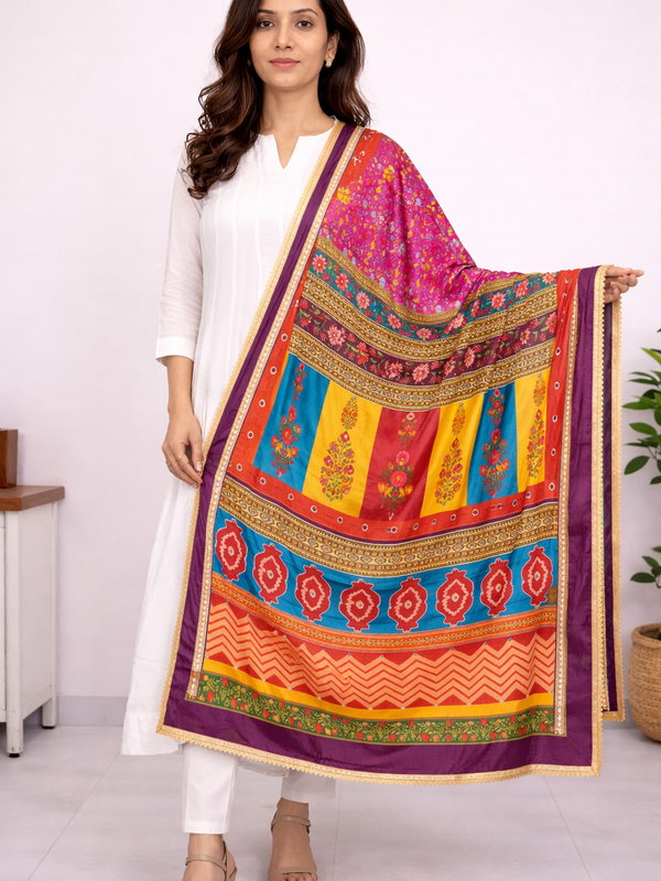 Multicolor Floral & Geometric Printed Designer Dupatta DB3022