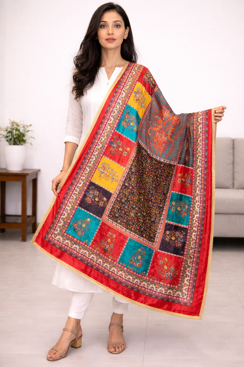 Multicolor Printed Patchwork Gaji Silk Dupatta with Floral & Paisley Design | Designer Ethnic Dupatta DB3002