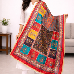 Multicolor Printed Patchwork Gaji Silk Dupatta with Floral & Paisley Design | Designer Ethnic Dupatta DB3002