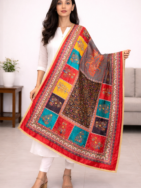 Multicolor Printed Patchwork Gaji Silk Dupatta with Floral & Paisley Design | Designer Ethnic Dupatta DB3002