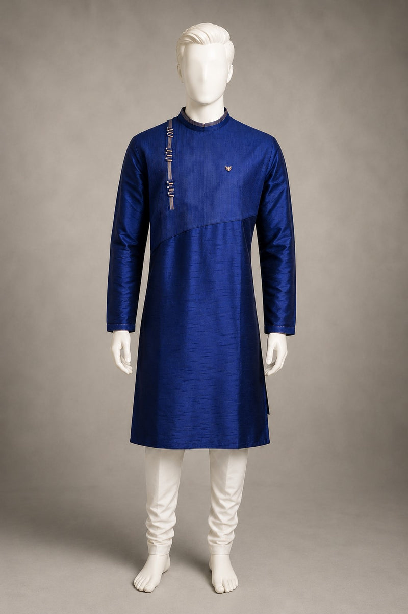 DESI BUTIK Men’s Navy Blue Asymmetric Designer Kurta With Churidar