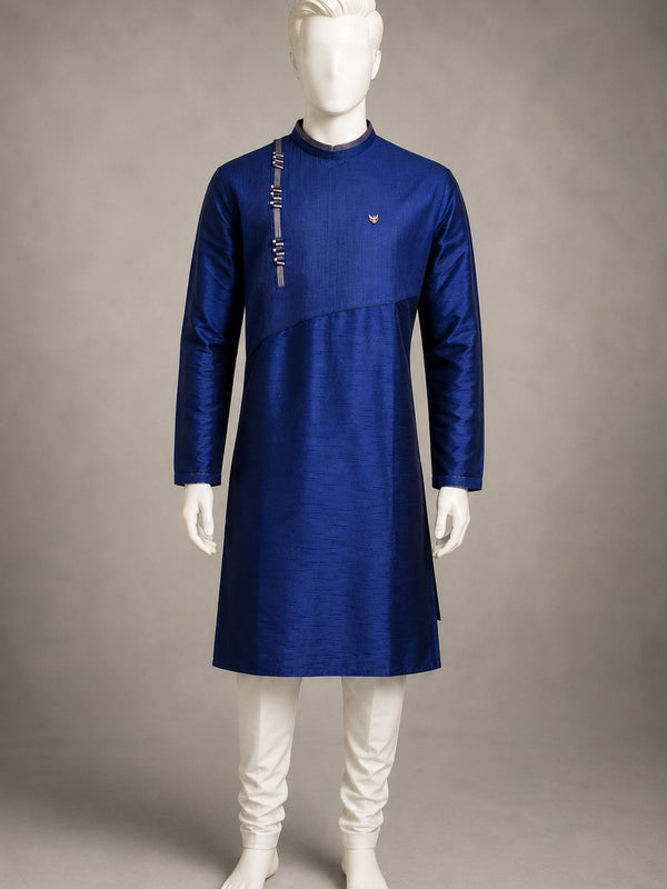 DESI BUTIK Men’s Navy Blue Asymmetric Designer Kurta With Churidar