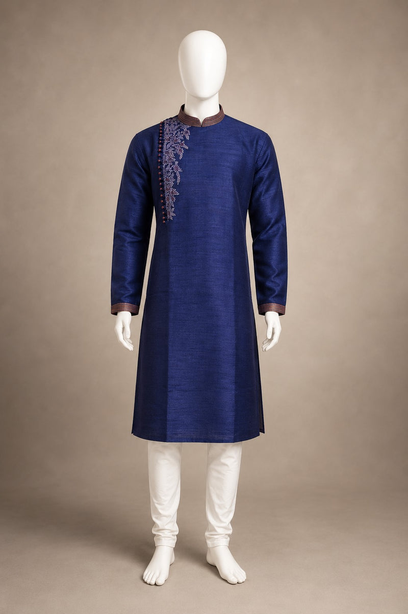 DESI BUTIK Men’s Navy Blue Embroidered Straight Kurta with White Churidar