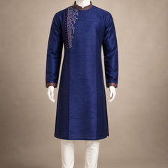 DESI BUTIK Men’s Navy Blue Embroidered Straight Kurta with White Churidar