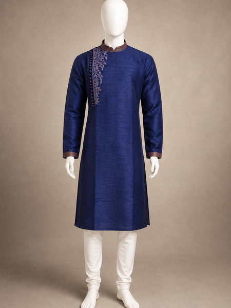 DESI BUTIK Men’s Navy Blue Embroidered Straight Kurta with White Churidar