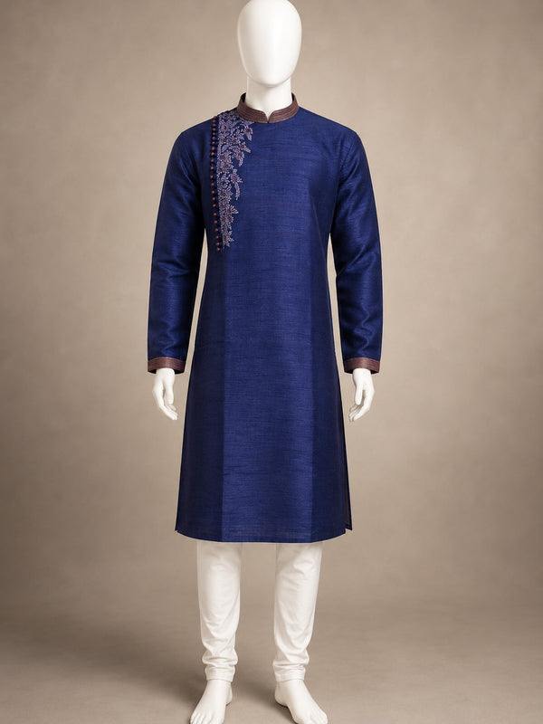 DESI BUTIK Men’s Navy Blue Embroidered Straight Kurta with White Churidar