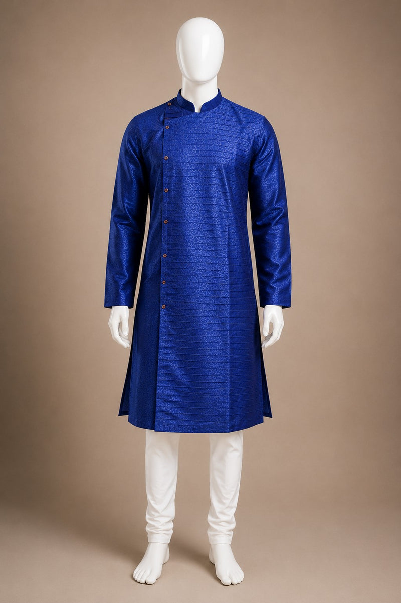 DESI BUTIK Men’s Royal Blue Woven Straight Kurta with White Churidar
