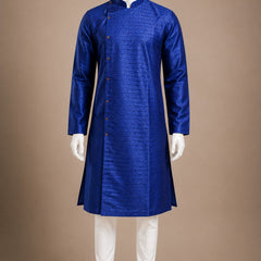 DESI BUTIK Men’s Royal Blue Woven Straight Kurta with White Churidar
