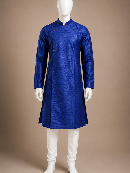 DESI BUTIK Men’s Royal Blue Woven Straight Kurta with White Churidar