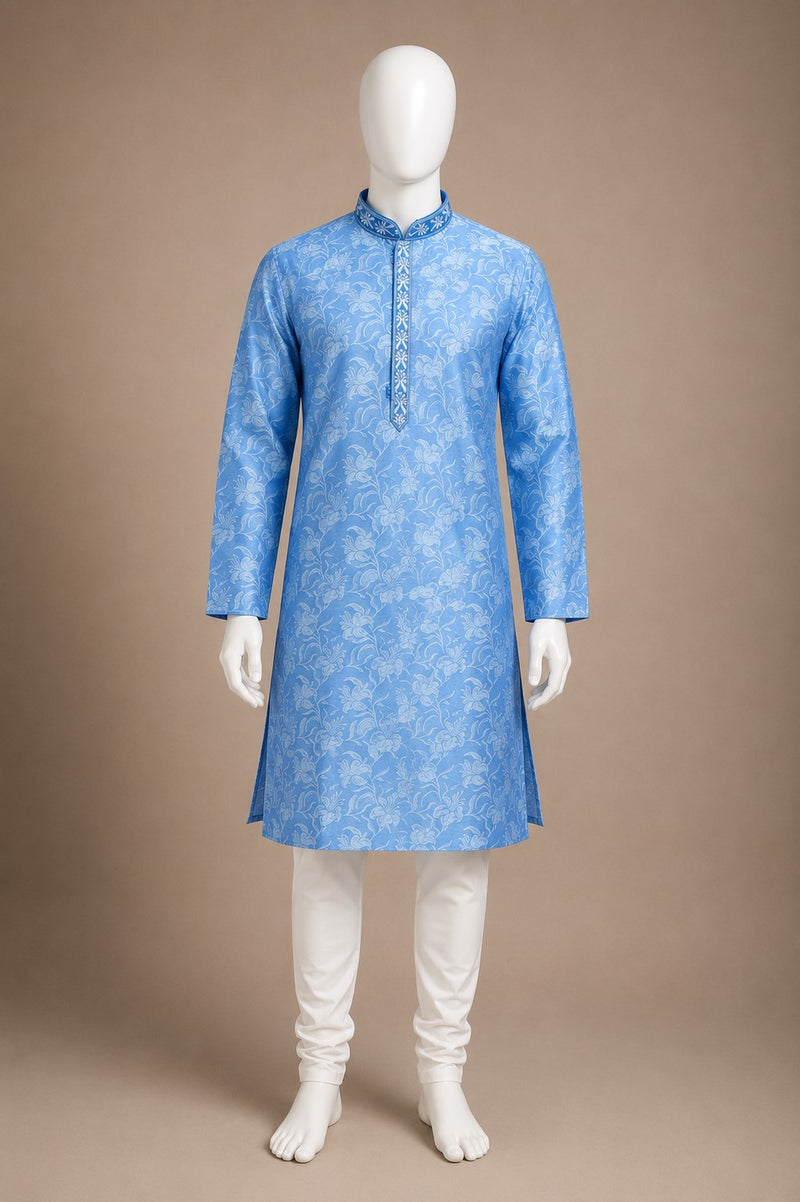 DESI BUTIK Men’s Sky Blue Floral Self-Design Kurta with White Churidar