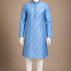 DESI BUTIK Men’s Sky Blue Floral Self-Design Kurta with White Churidar