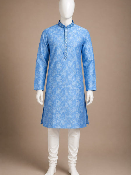 DESI BUTIK Men’s Sky Blue Floral Self-Design Kurta with White Churidar