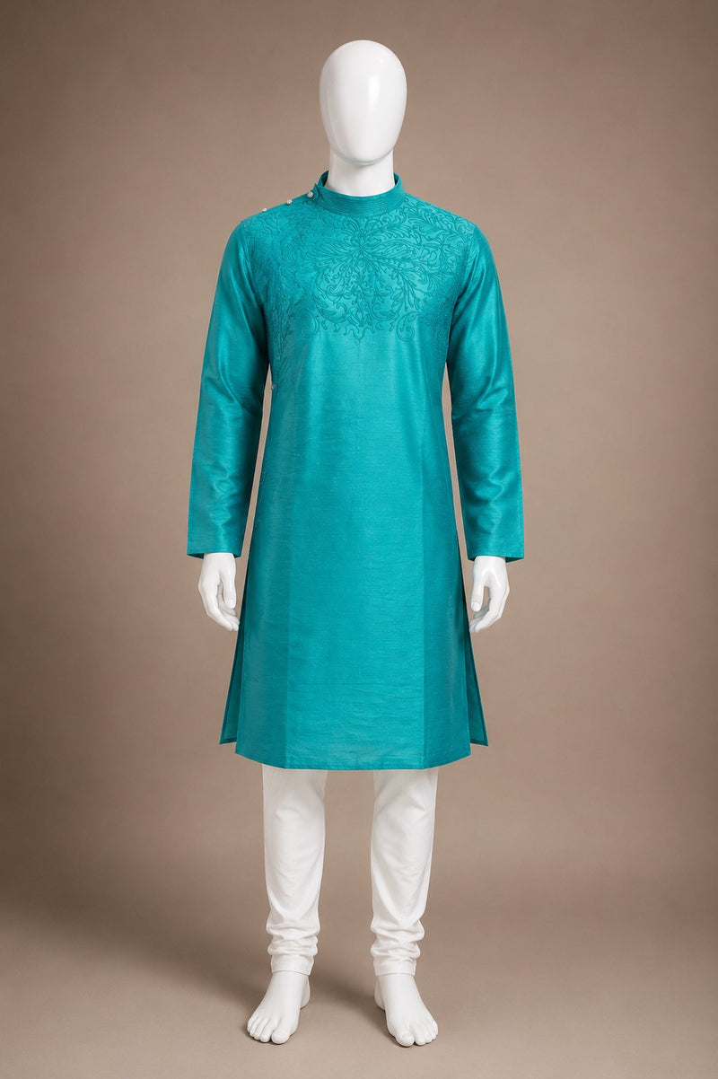 DESI BUTIK Men’s  Embroidered Straight Kurta with White Churidar