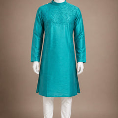 DESI BUTIK Men’s  Embroidered Straight Kurta with White Churidar