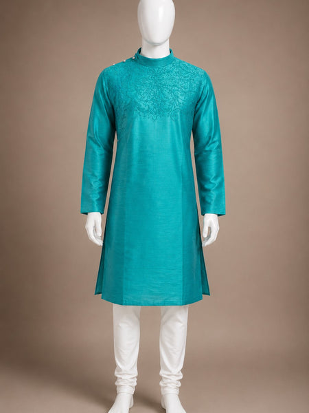 DESI BUTIK Men’s  Embroidered Straight Kurta with White Churidar