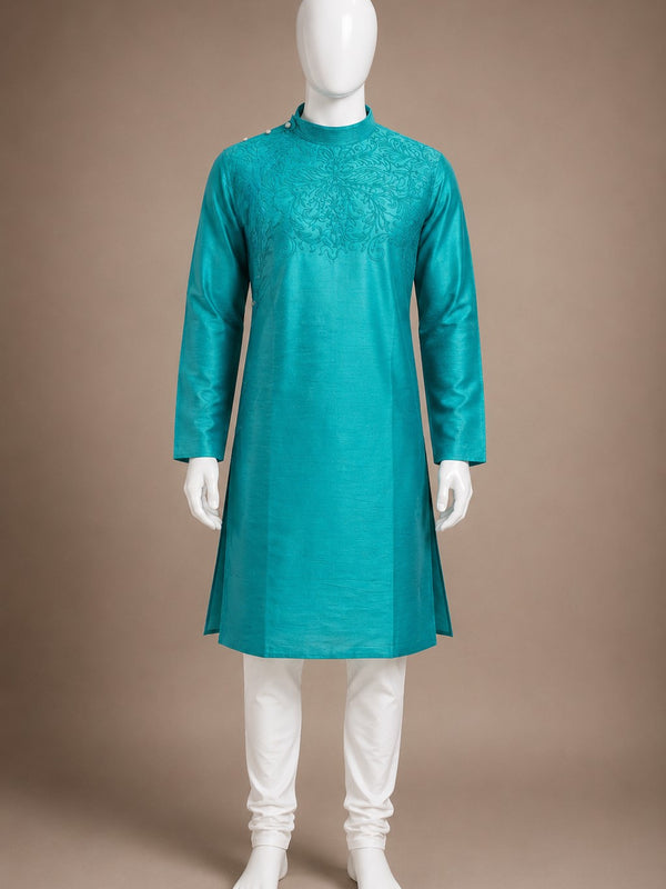 DESI BUTIK Men’s  Embroidered Straight Kurta with White Churidar