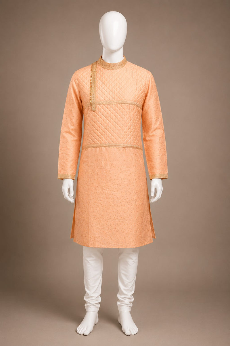 DESI BUTIK Men’s Peach Jacquard Kurta with White Churidar