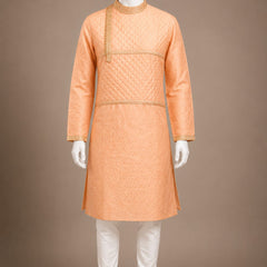 DESI BUTIK Men’s Peach Jacquard Kurta with White Churidar