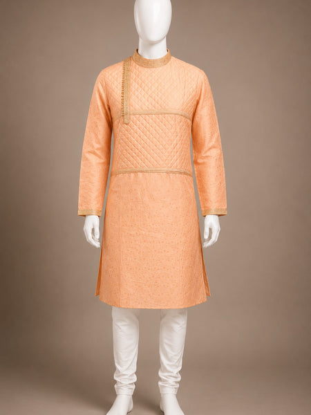 DESI BUTIK Men’s Peach Jacquard Kurta with White Churidar
