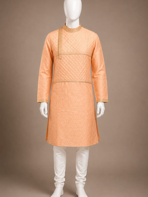 DESI BUTIK Men’s Peach Jacquard Kurta with White Churidar