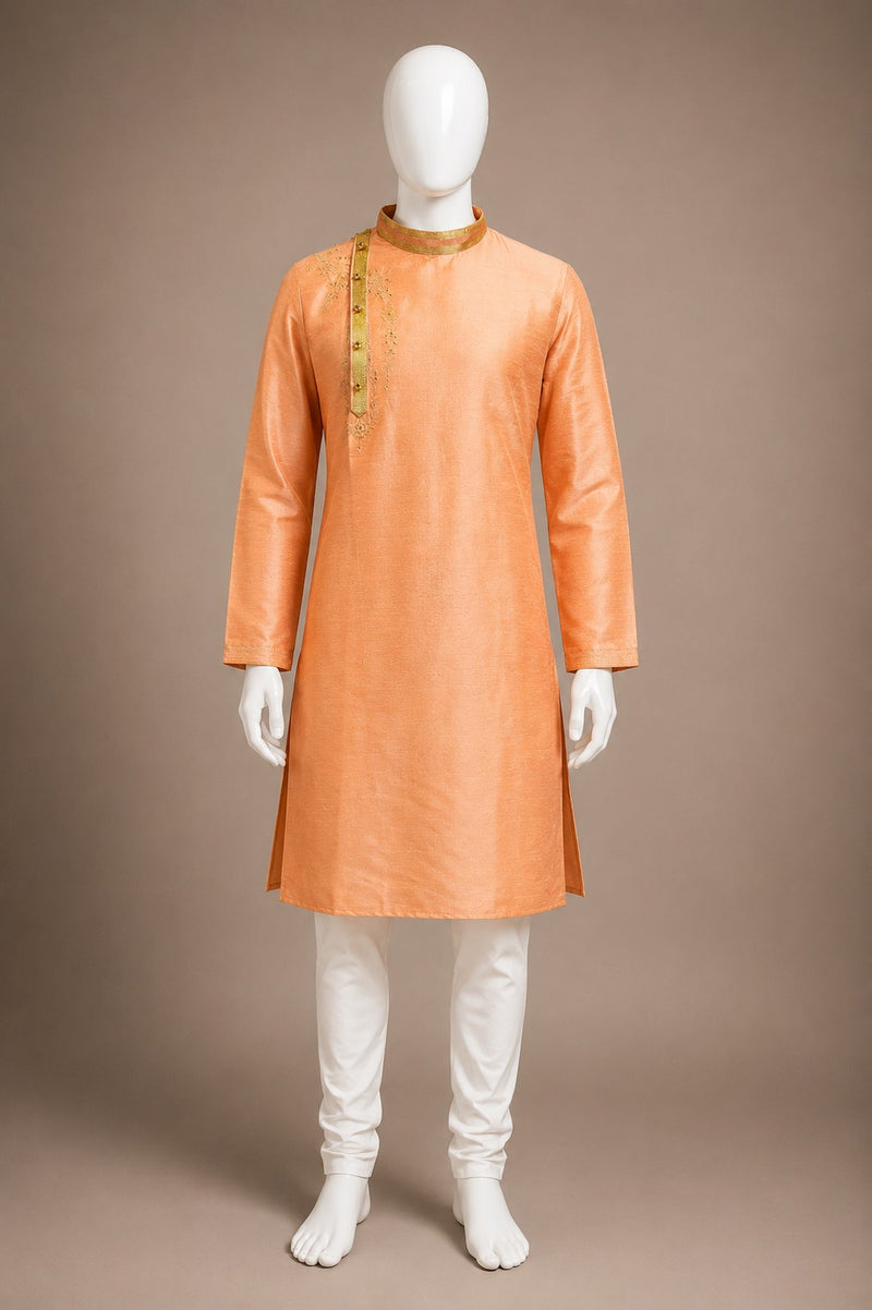 Desi Butik Men's Peach Silk Blend Embroidered Straight Kurta with White Churidar