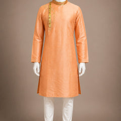 Desi Butik Men's Peach Silk Blend Embroidered Straight Kurta with White Churidar