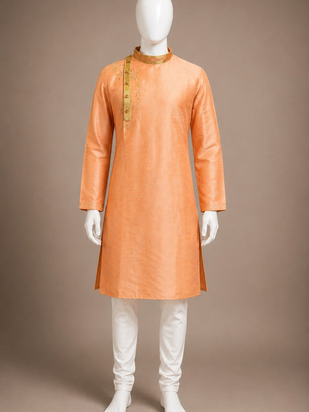 Desi Butik Men's Peach Silk Blend Embroidered Straight Kurta with White Churidar