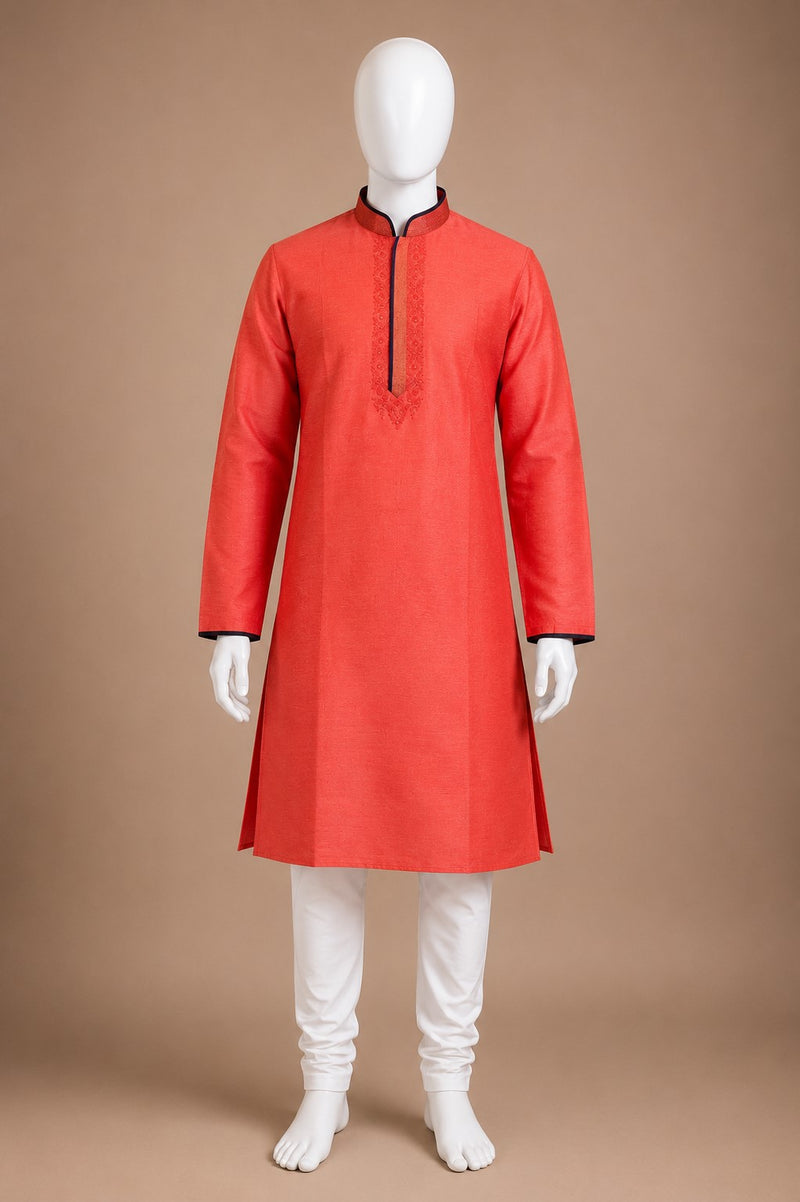 DESI BUTIK Men's Orange Embroidered Kurta Set