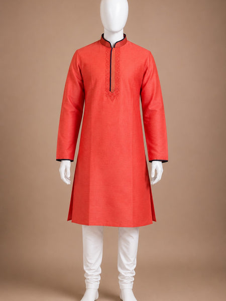 DESI BUTIK Men's Orange Embroidered Kurta Set