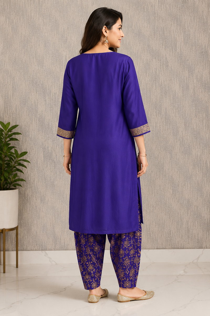 Purple Embroidered Kurta Set with Floral Dupatta