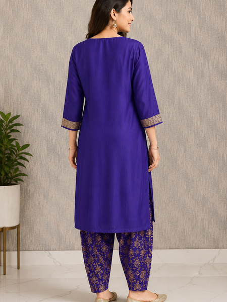 Purple Embroidered Kurta Set with Floral Dupatta